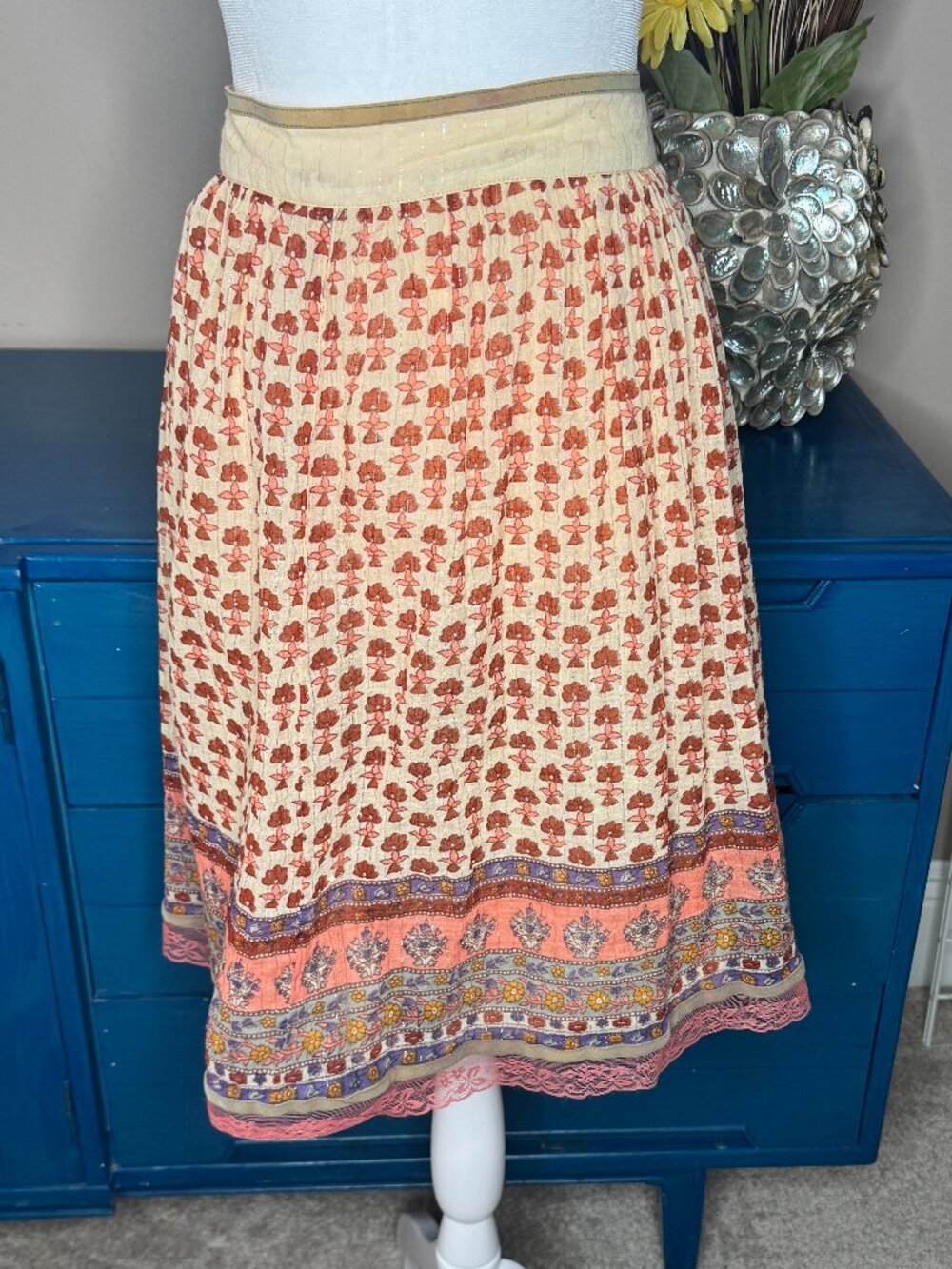 Mix Nouveau Boho Patterned Peasant Skirt with Knit Waistband